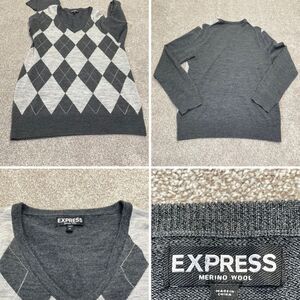 Express mens v neck sweater sz medium wool gray argyle pullover long sleeve